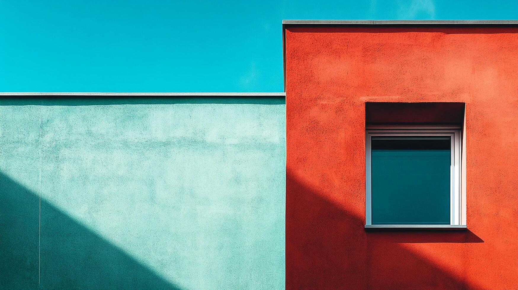 Geometric architecture with colorful walls and a window under a clear sky, creating a visually striking and minimalist design. photo