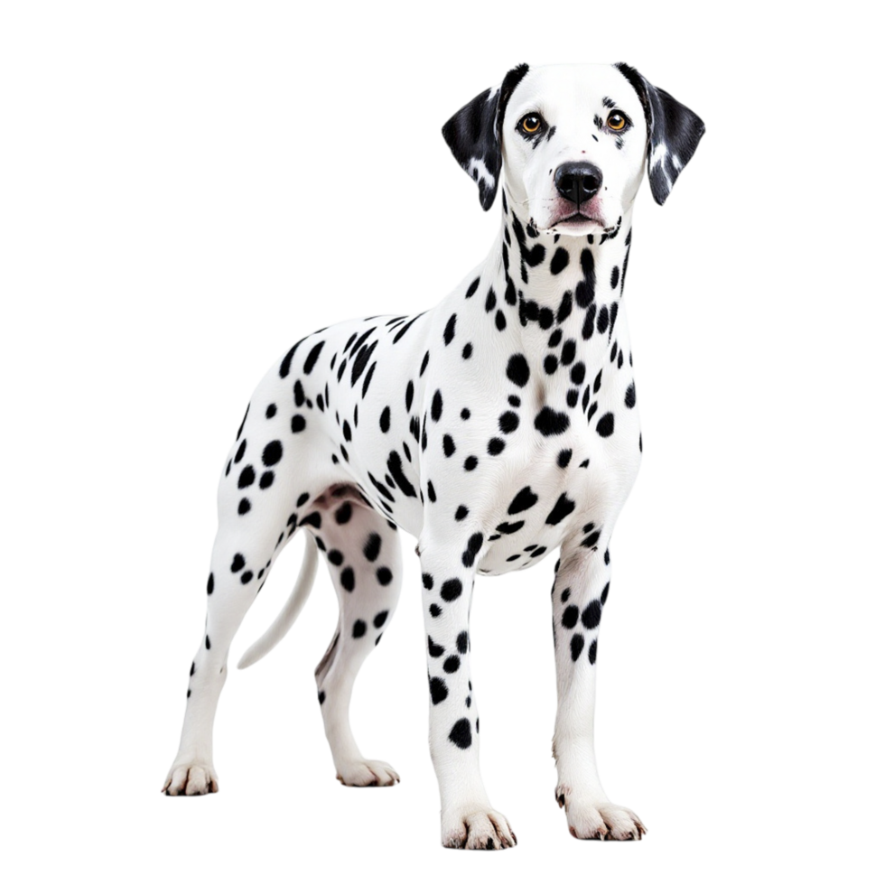 A dalmatian dog is standing in front of a black background png