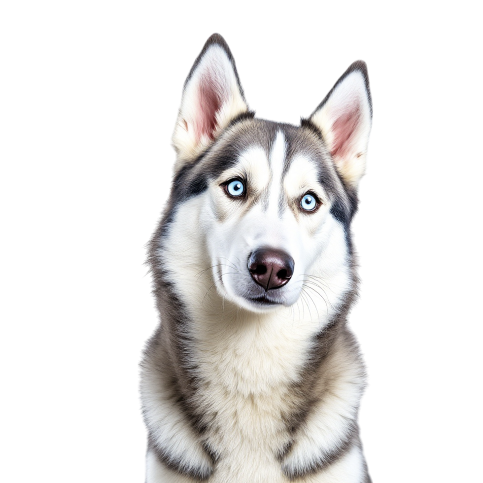 A husky dog with blue eyes is standing in front of a black background png