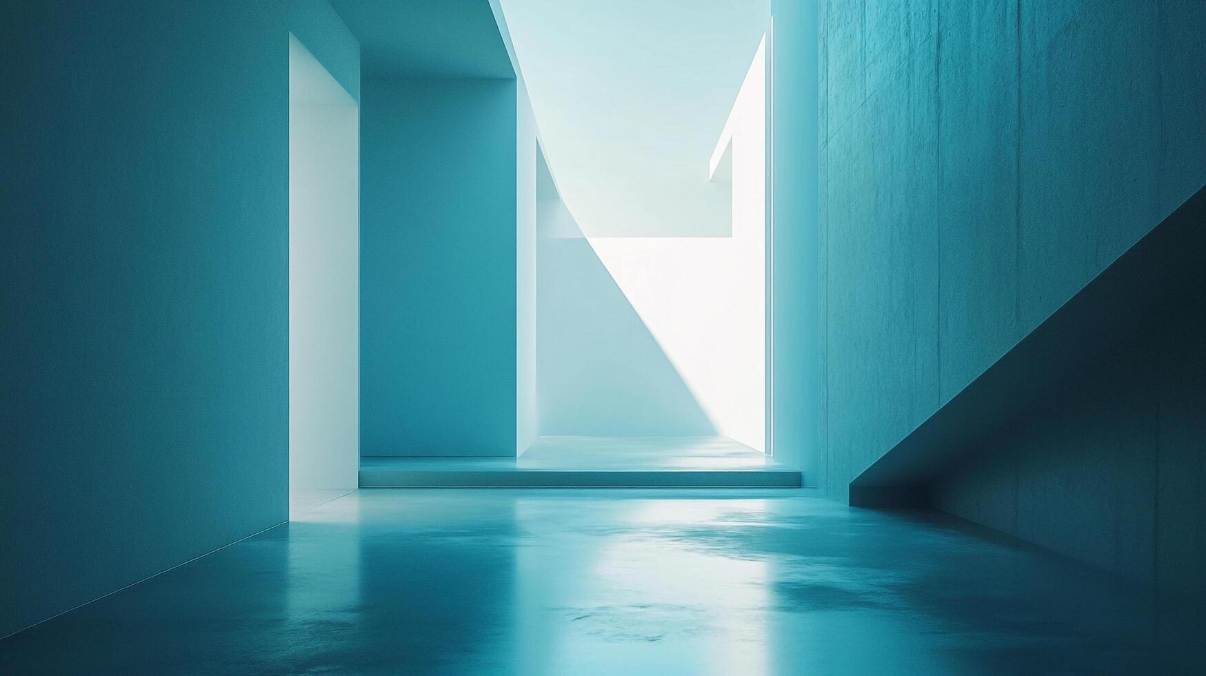 Minimalist teal architecture with geometric forms and reflected light. Serene and modern, conveying a sense of space and clarity. photo
