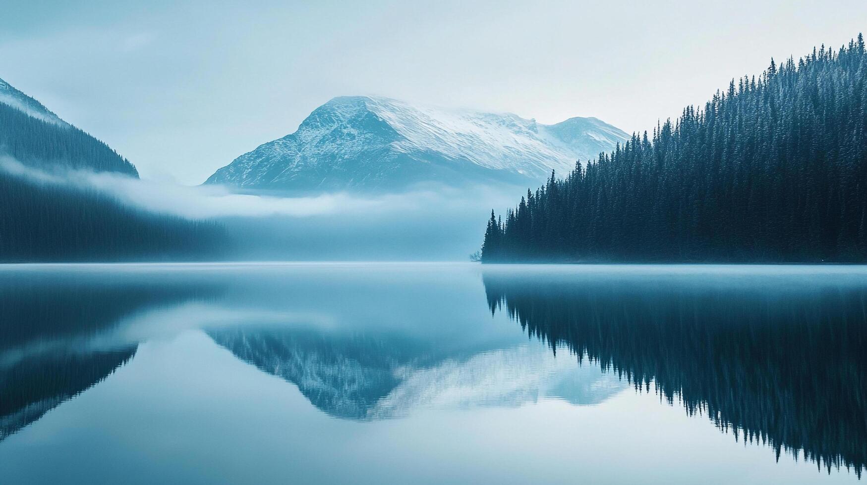 Serene mountain lake reflecting snow-capped peaks and surrounding trees. The stillness of the water captures the beauty of nature. photo