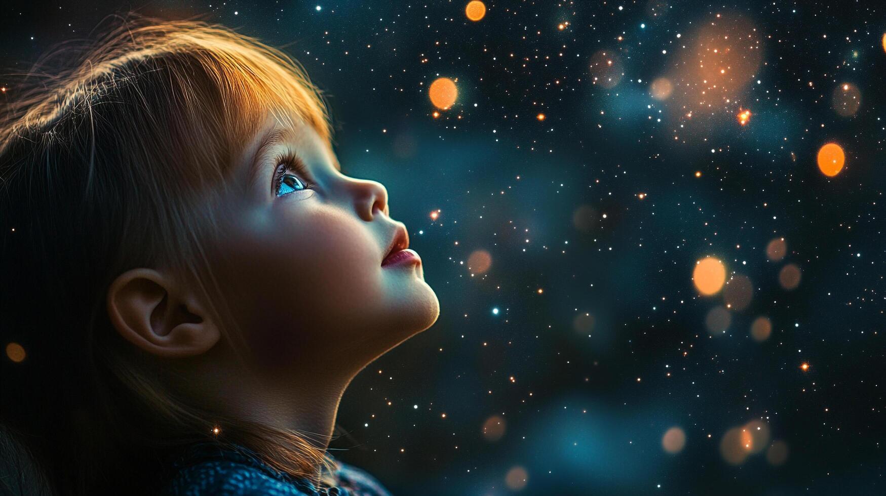 Little girl gazing at a starlit sky filled with wonder and awe, lost in the beauty of the universe above, a peaceful and magical night. photo
