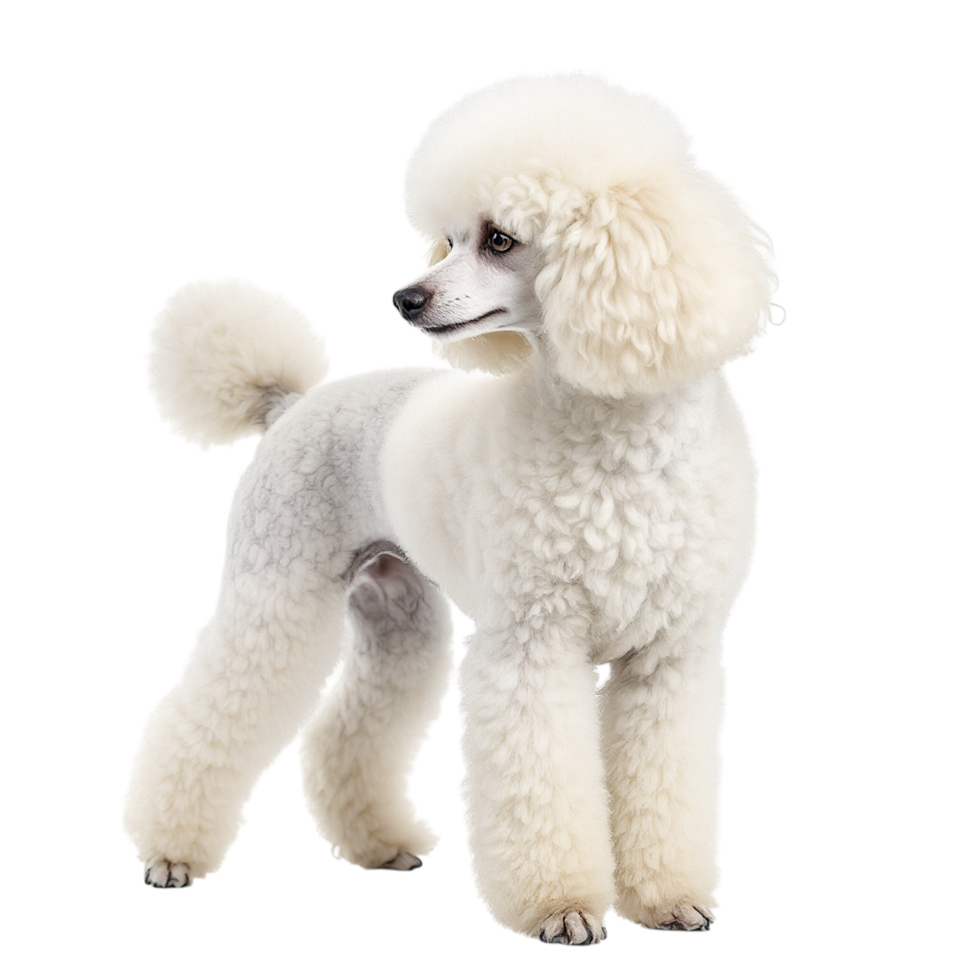 A white poodle standing in front of a black background png