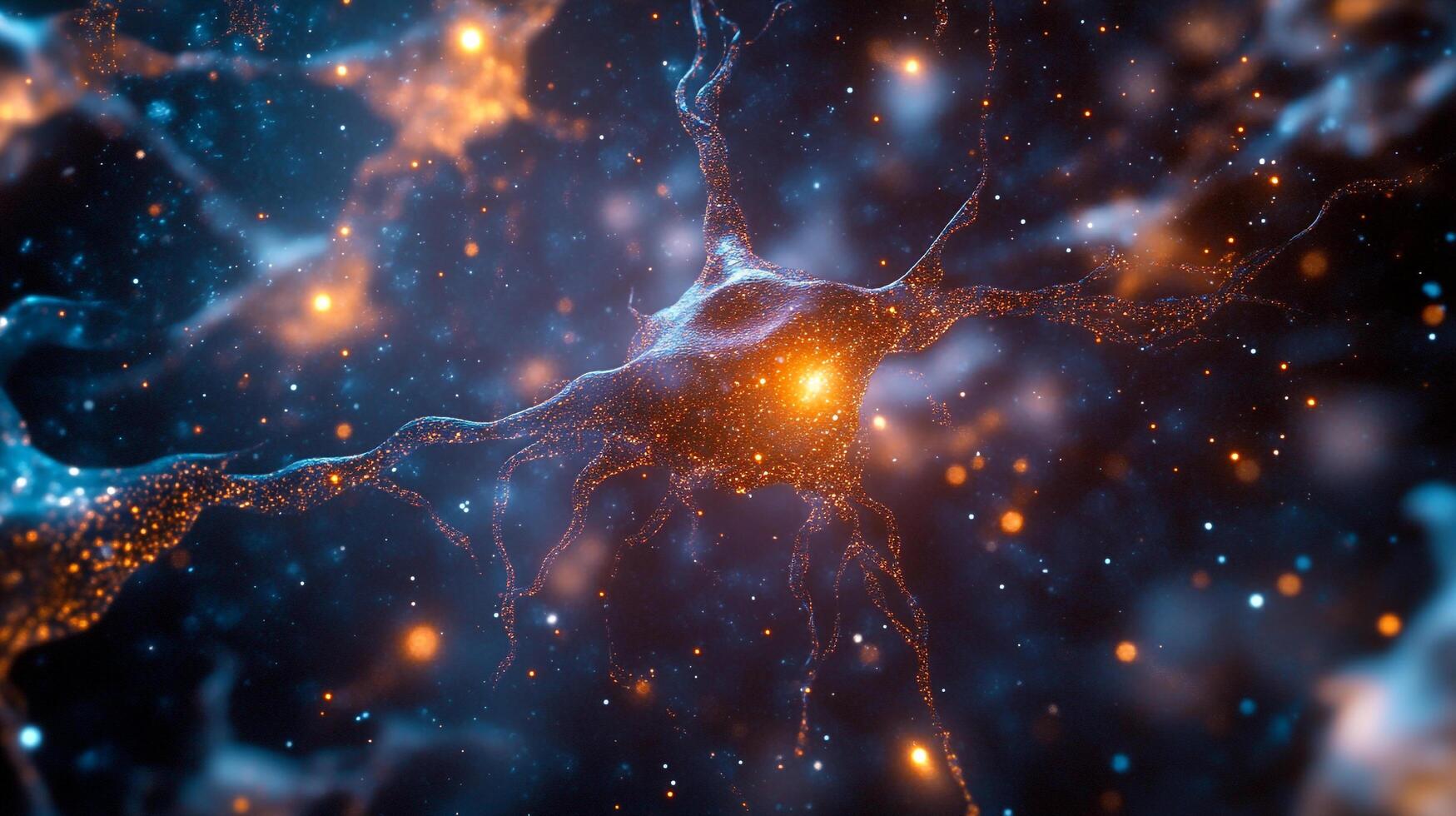 Abstract depiction of a neuron, with bright blue and orange particles forming its structure amidst a dark, starry backdrop. photo