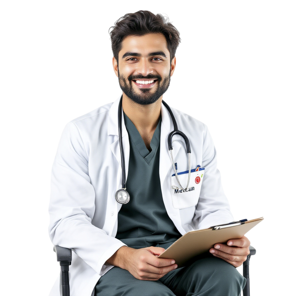 A male doctor sitting on a chair with a clipboard png