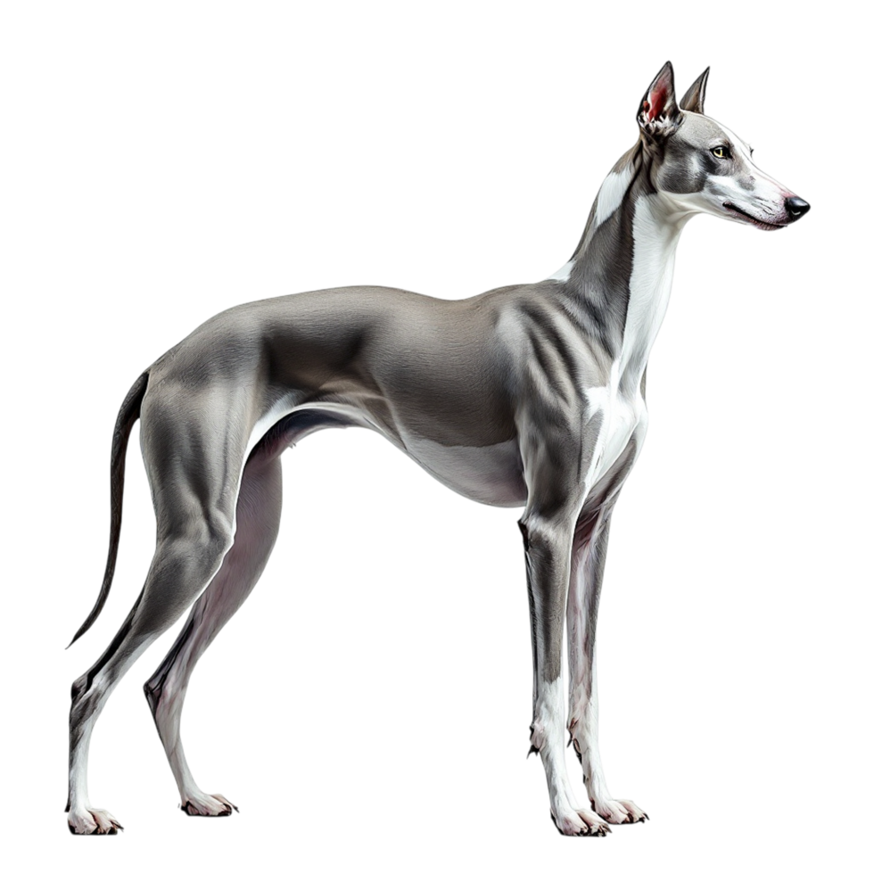 A greyhound is standing in front of a black background png
