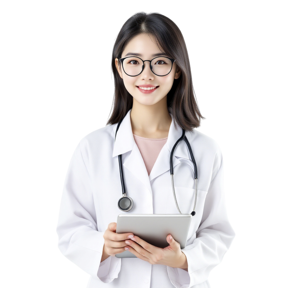 Asian female doctor holding tablet computer png