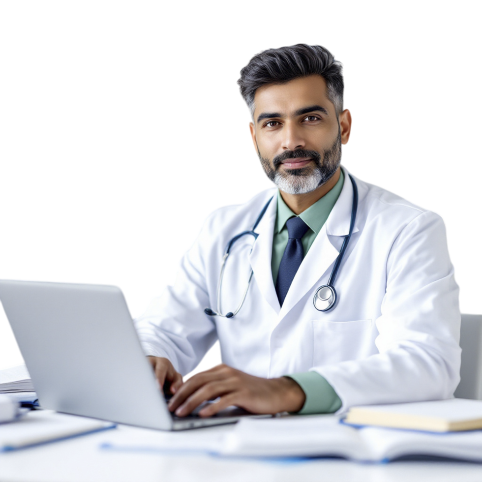 A male doctor sitting at his desk with a laptop png