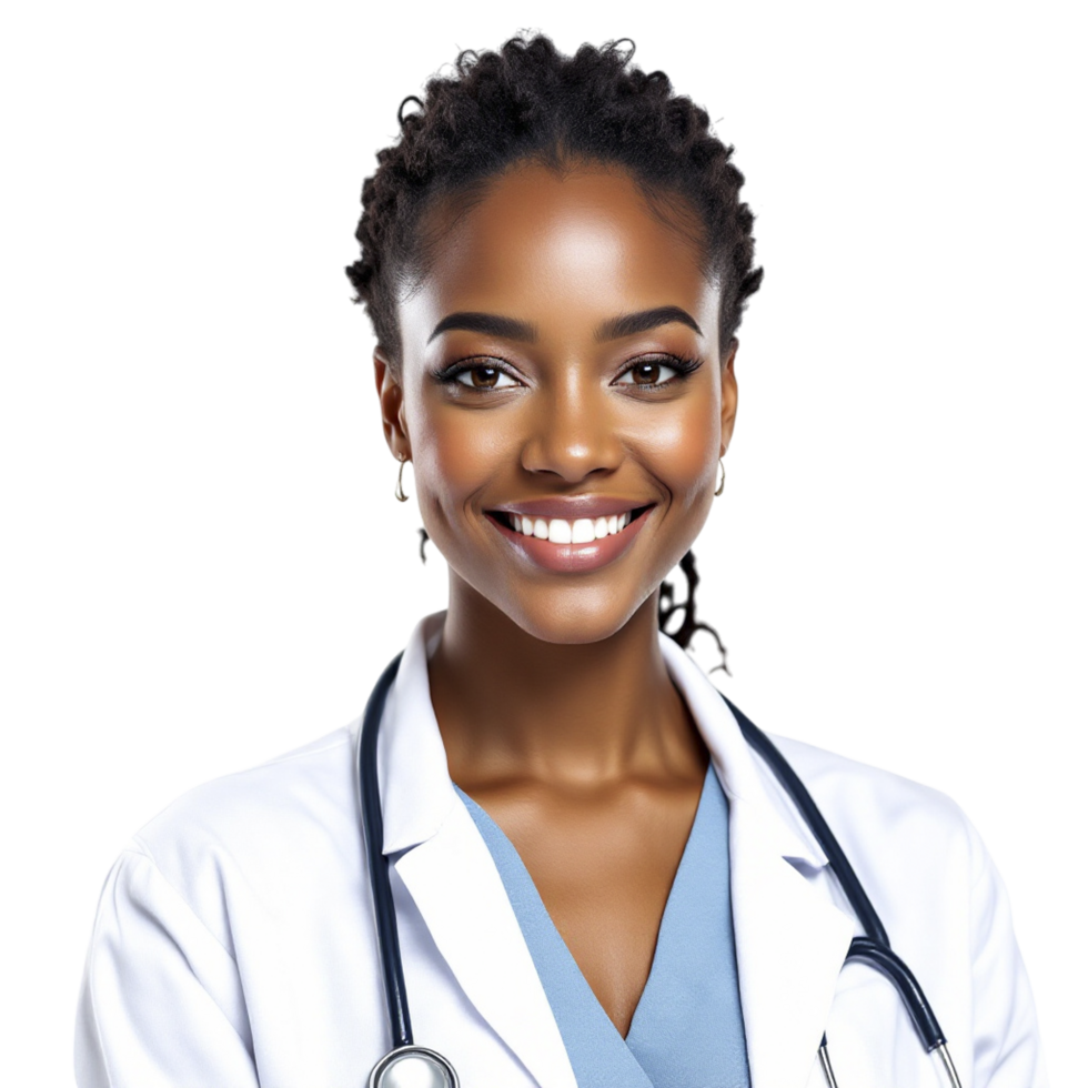A smiling black woman in a doctor's coat png