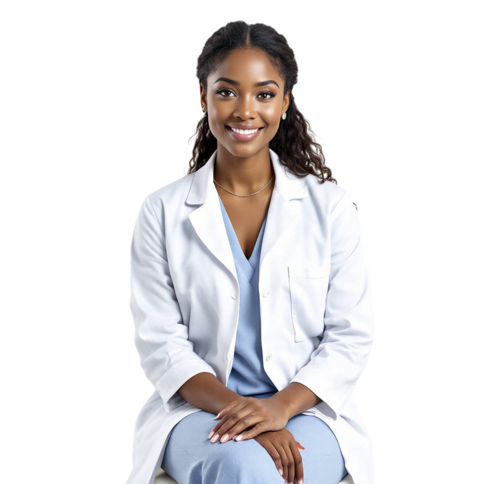 A black woman in a white lab coat sitting on a chair png