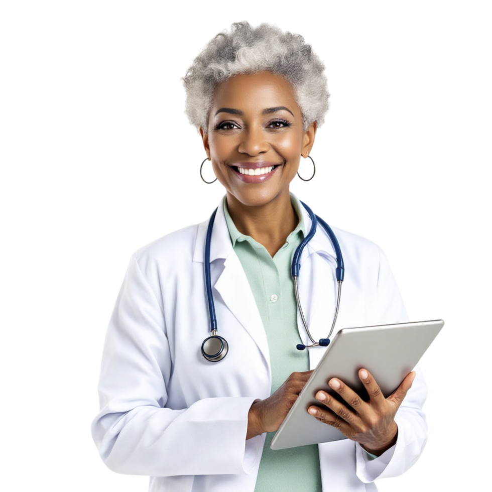 A smiling black female doctor holding a tablet png