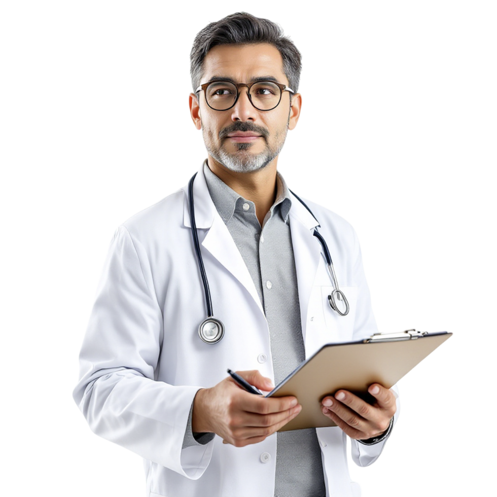 A male doctor holding a clipboard and writing on it png