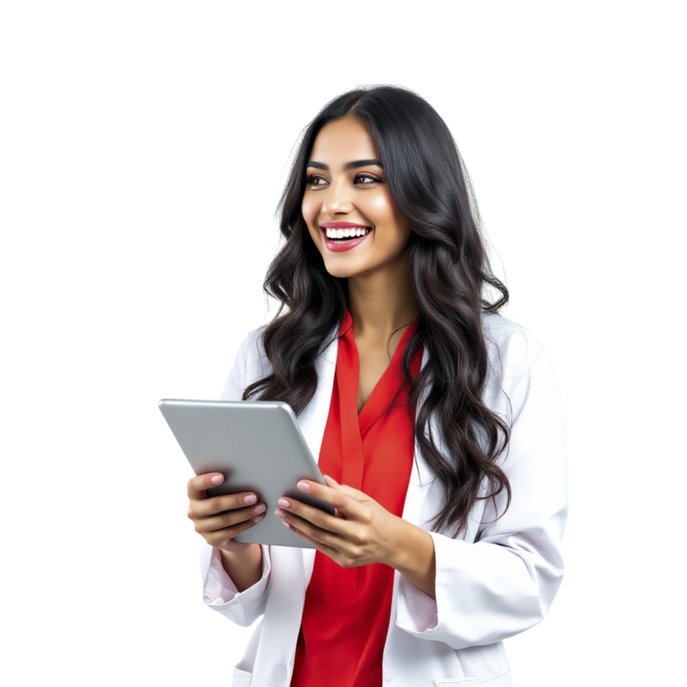 A woman in a lab coat holding a tablet png