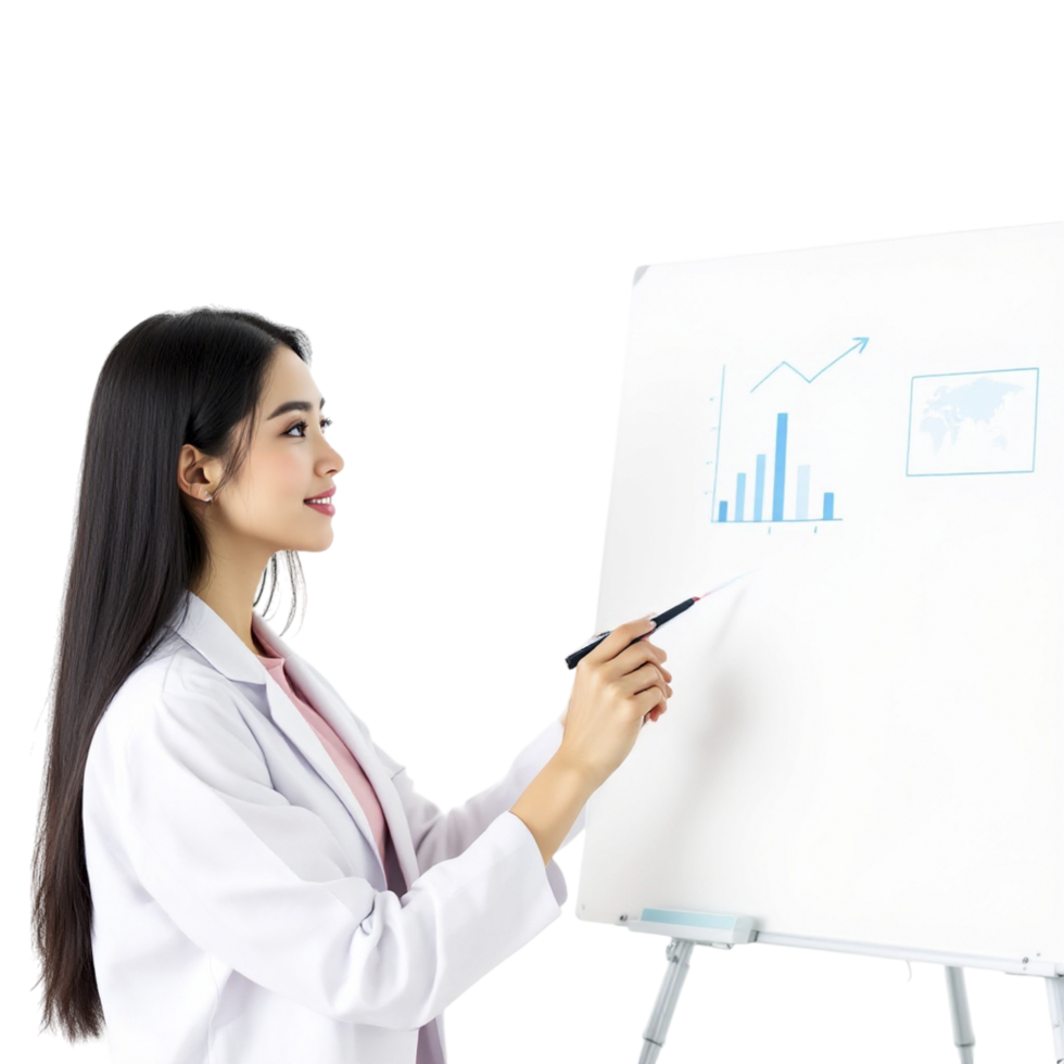 A woman in a lab coat is drawing on a whiteboard png