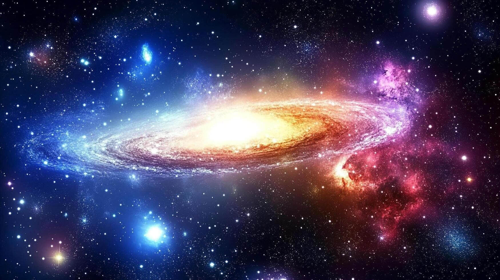 An overhead view of a vibrant spiral galaxy set against the blackness of space, dotted with stars. Brilliant hues of blues, pinks, and orange. photo
