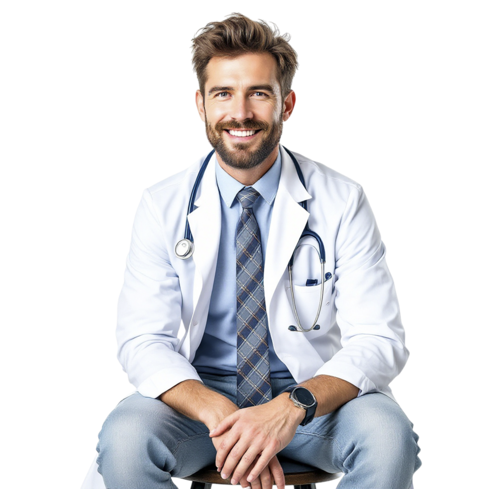 A smiling male doctor sitting on a stool png