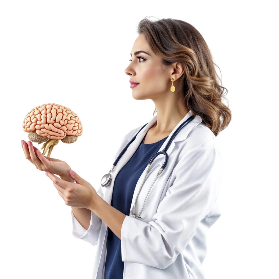 A woman in a white lab coat holding a brain png