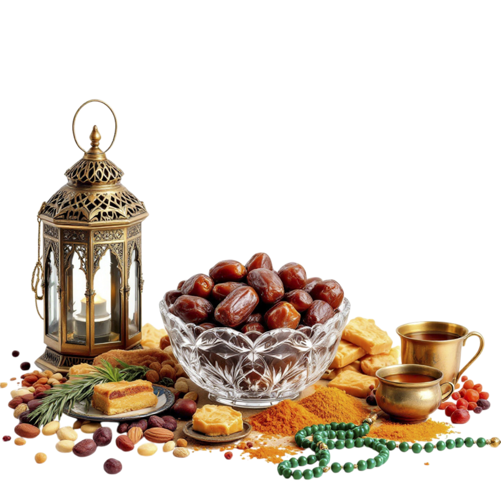 Ramadan islamic food with a lantern and a bowl of dates png