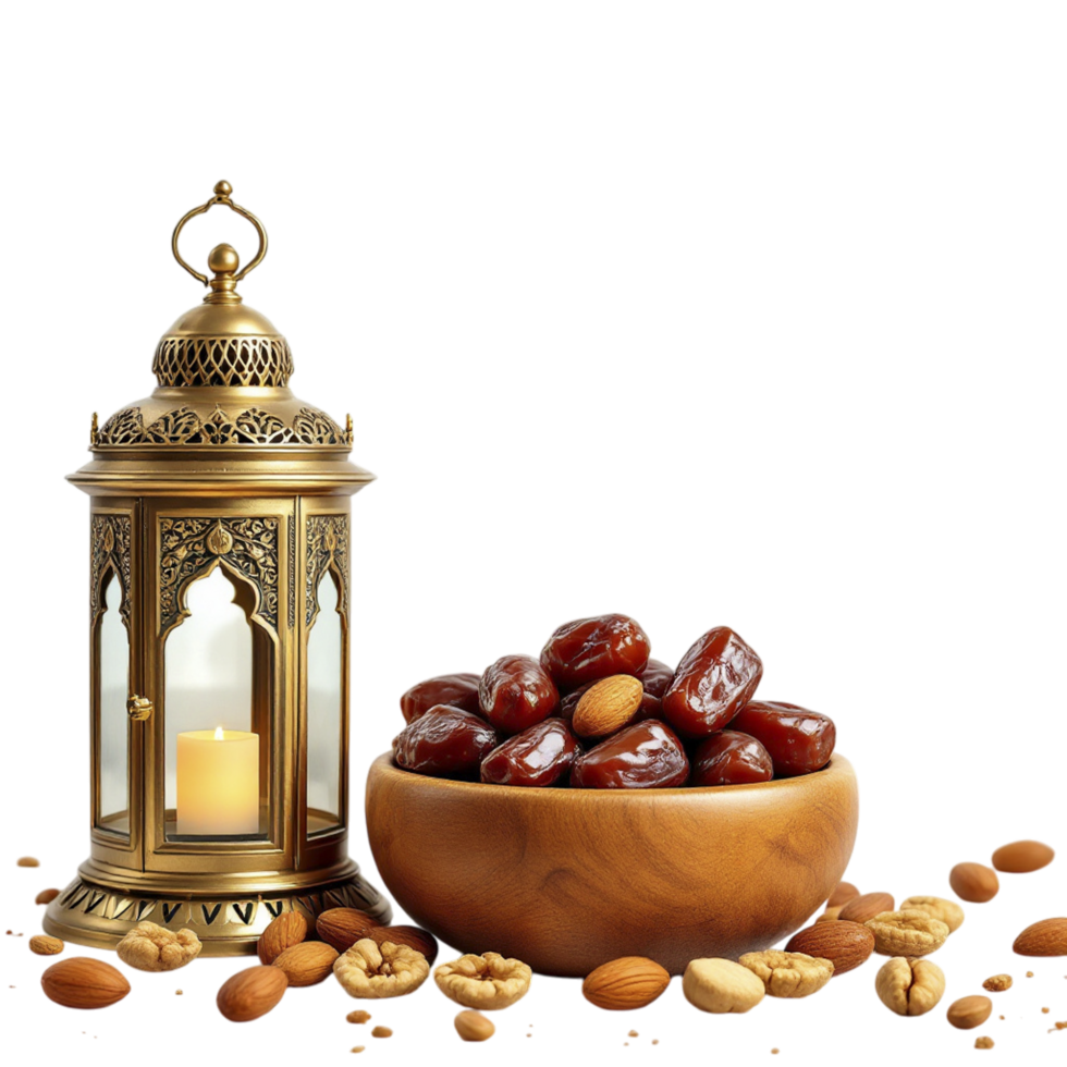 Dates and nuts in a bowl with an arabic lantern png