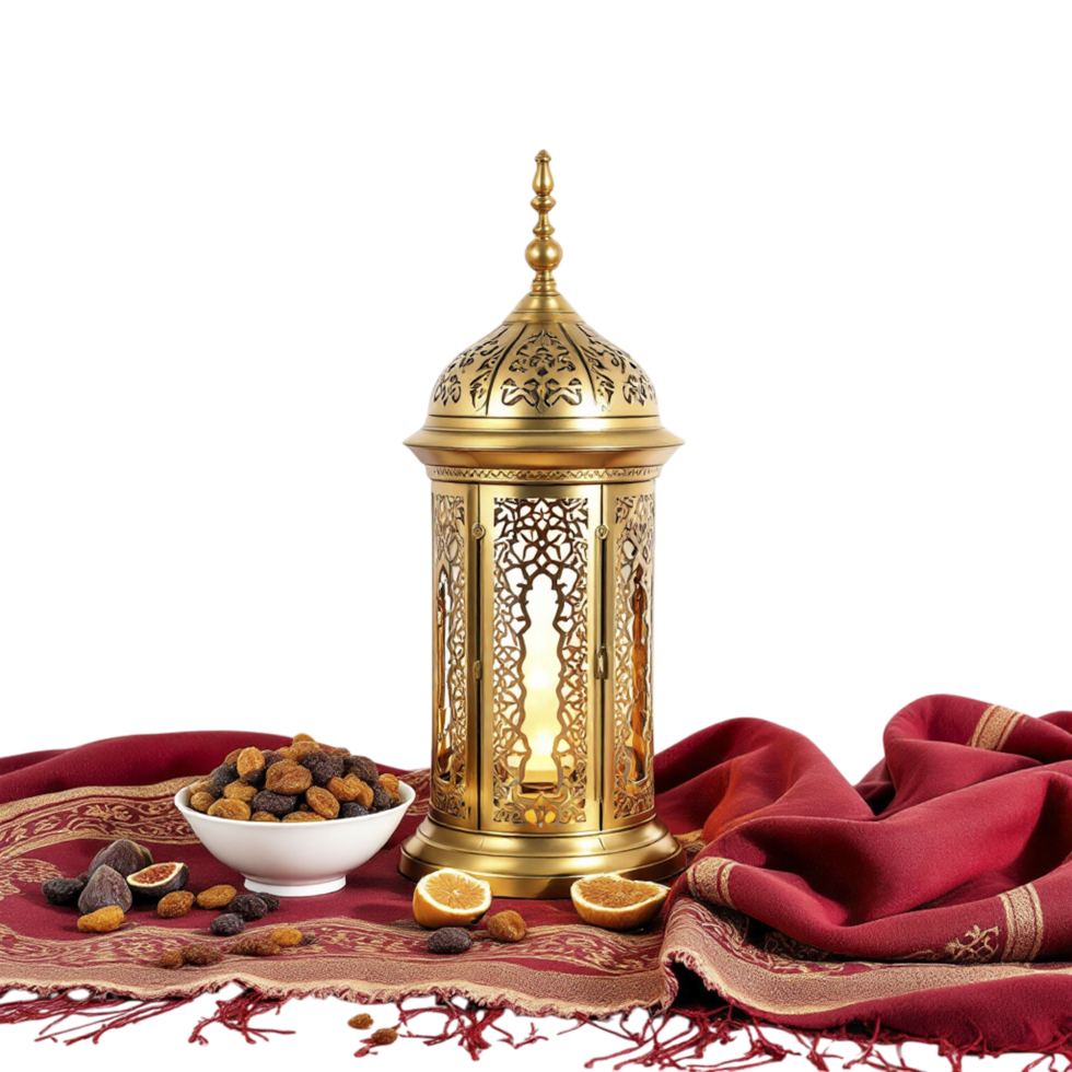 A gold lantern with a bowl of dates and oranges png