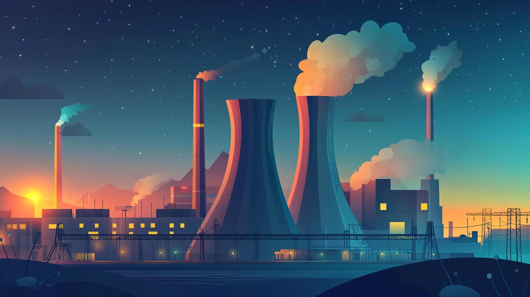Stylized nighttime landscape of a sprawling industrial complex with illuminated structures and vapor rising into a starry sky. photo