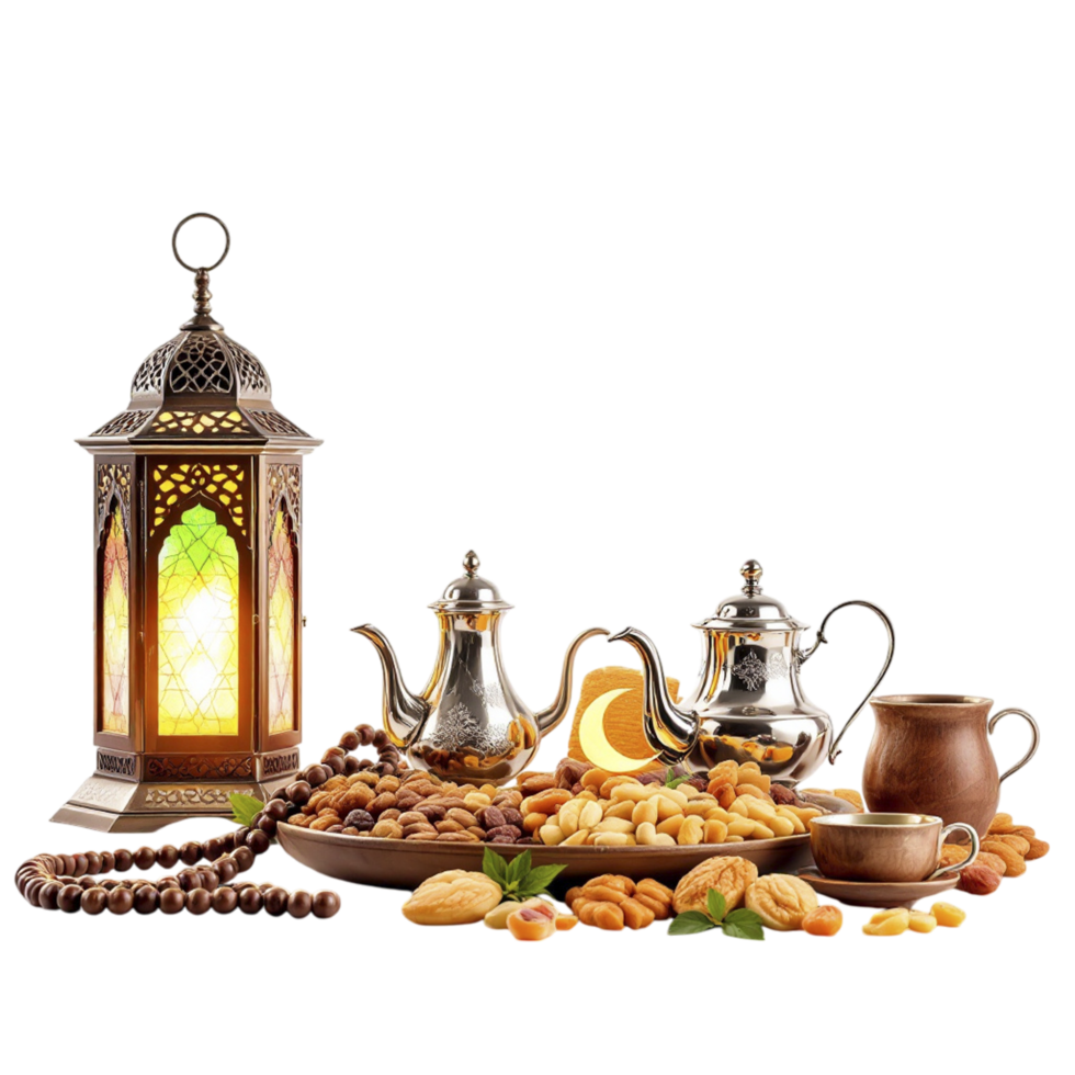 A table with a lantern, nuts, and other items png
