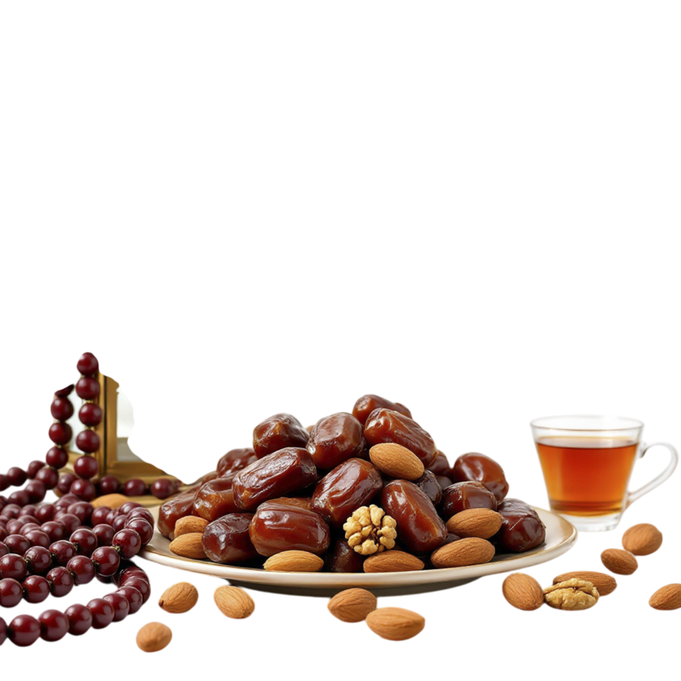 Dates, almonds and tea on a plate png