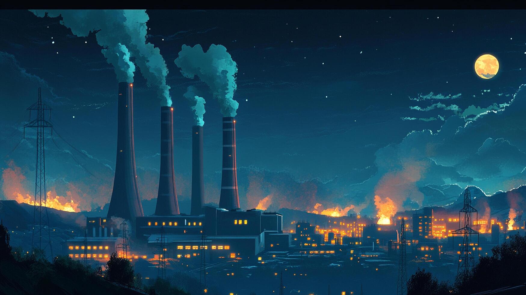 Night factory scene with tall chimneys emitting steam against a starry sky and a bright moon, with an overall atmospheric glow. photo