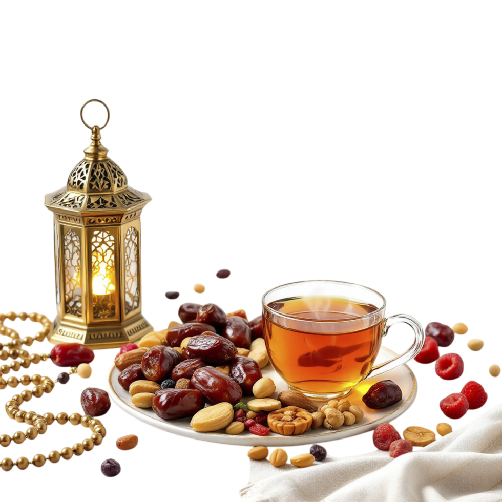 Arabic tea and dates with lantern on black background png