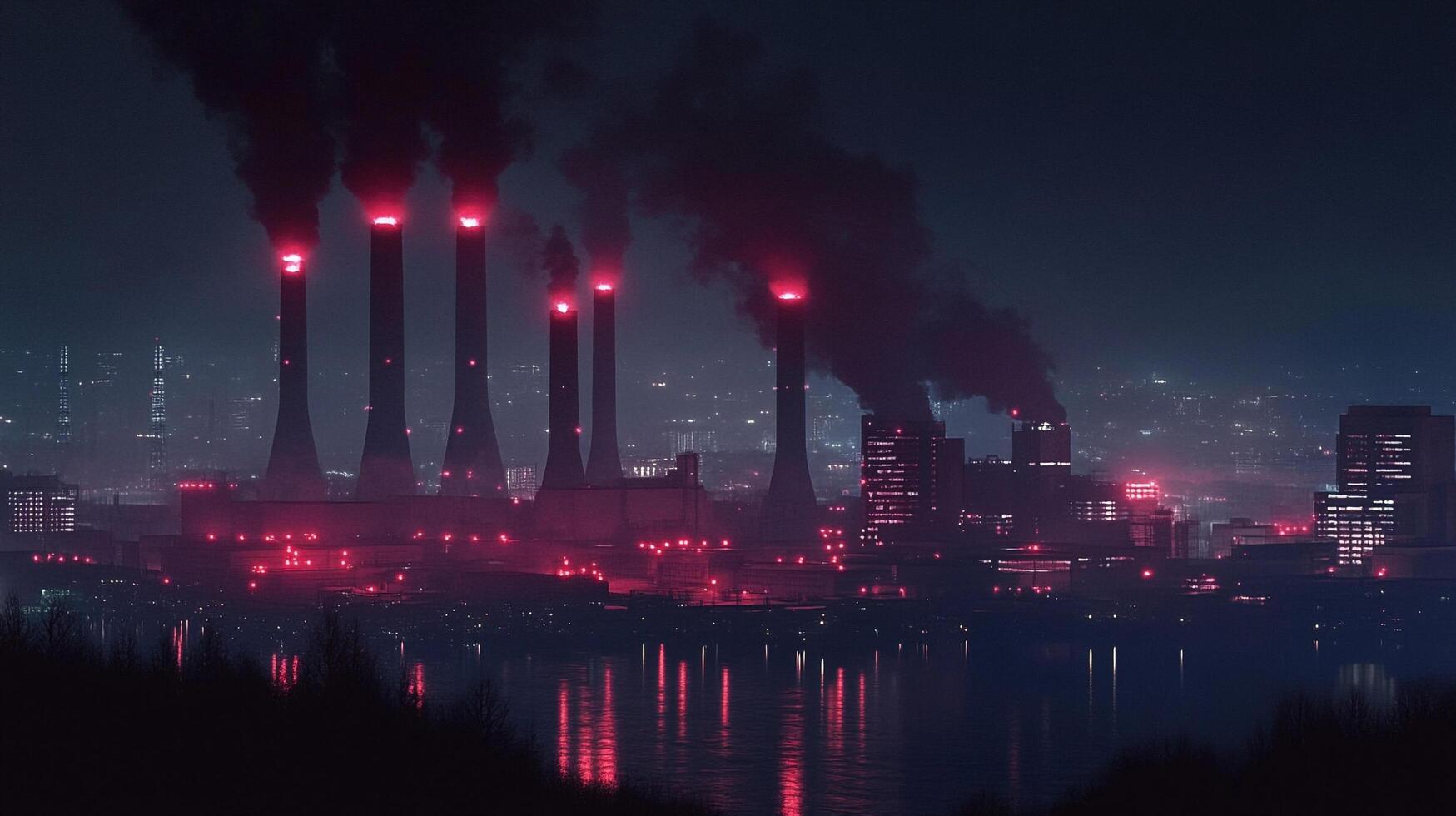 Night skyline with illuminated factory chimneys billowing smoke into the dark sky, reflecting in the calm water, creating a dramatic scene. photo