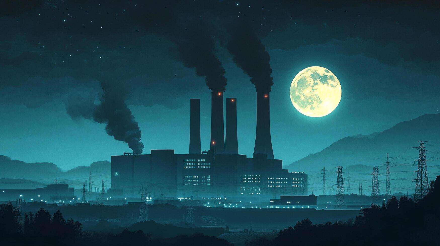 Dramatic nightscape featuring a factory emitting smoke under a bright moon, evoking environmental concerns with a moody atmosphere. photo