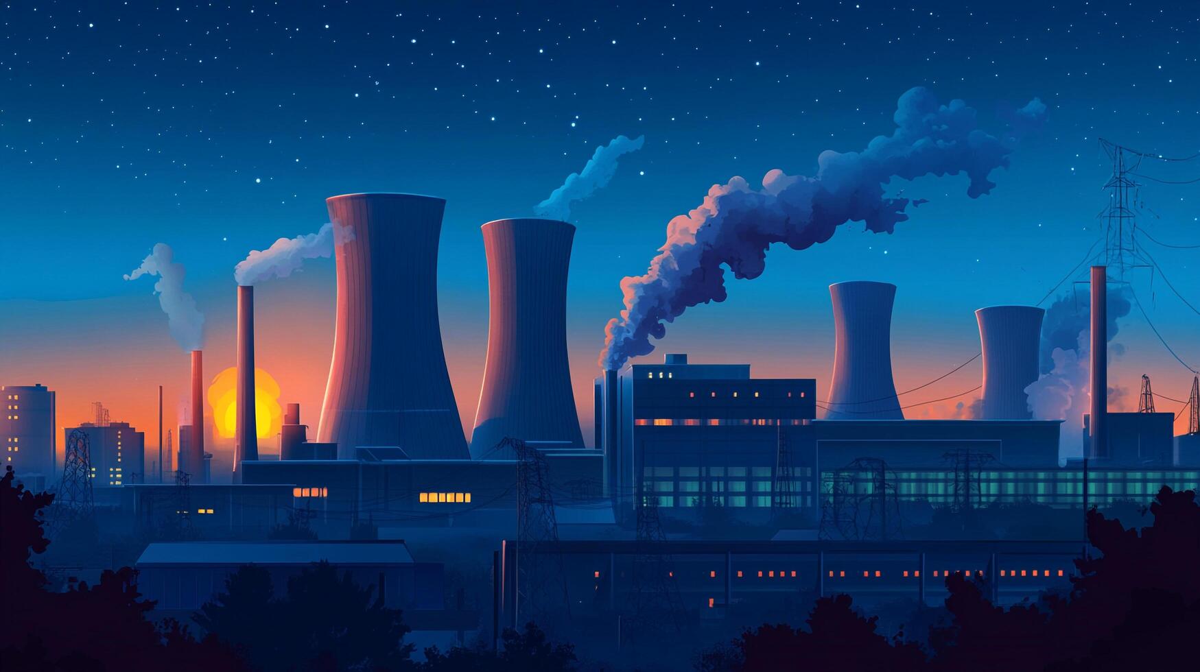 Industrial complex at night with illuminated towers, conveying energy production and technological infrastructure under a starry sky. photo