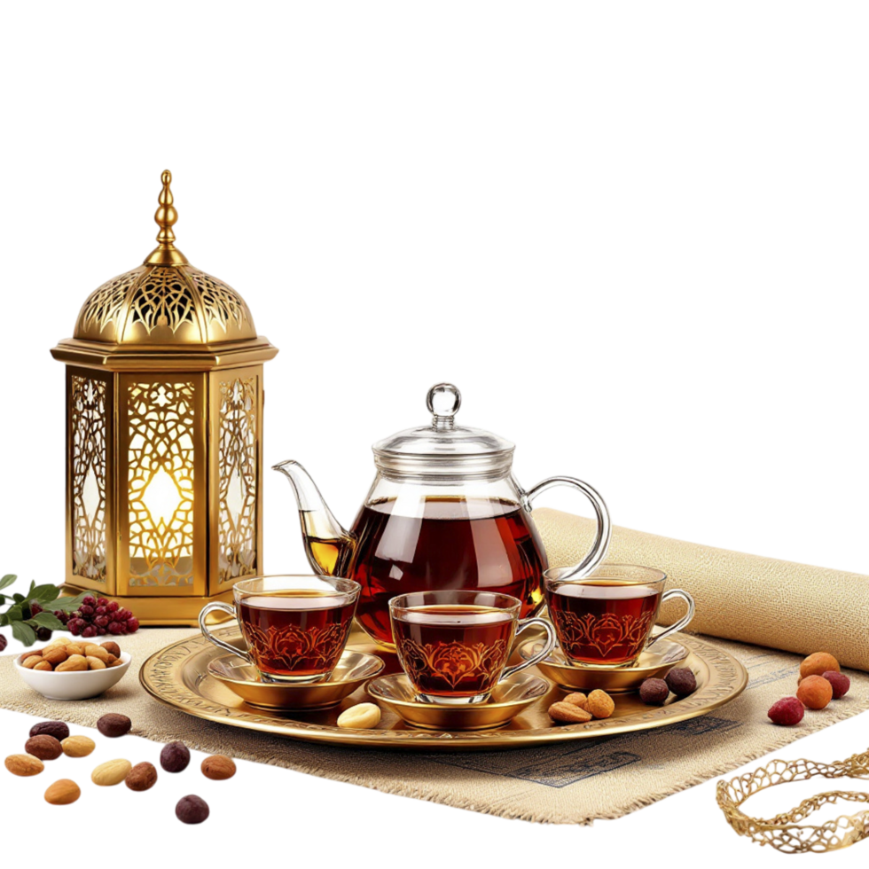 A tea set with cups and a lantern on a table png