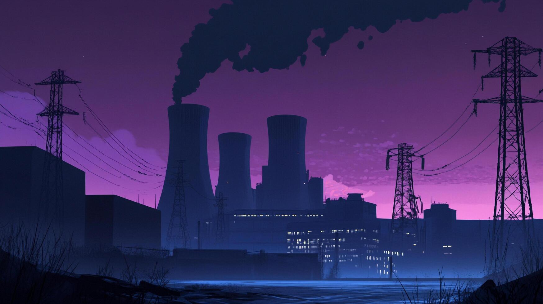 Industrial complex at twilight. Reactors and power lines dominate a cityscape under a purple sky, suggesting energy production. photo