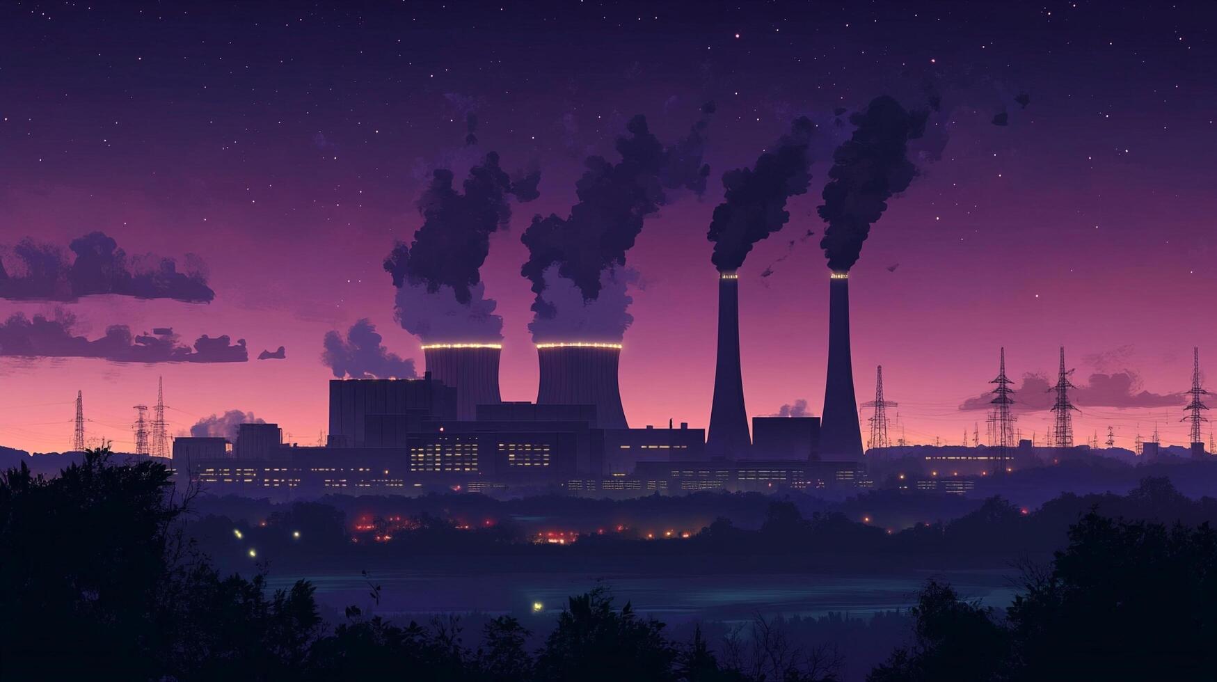 Nightscape featuring a large industrial complex with towering smokestacks emitting plumes under a vibrant pink and purple sky, stars above. photo