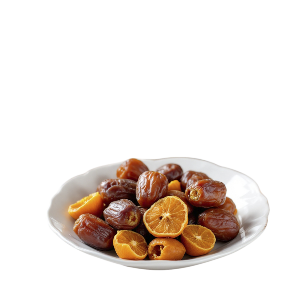 A plate of dates and oranges on a black background png