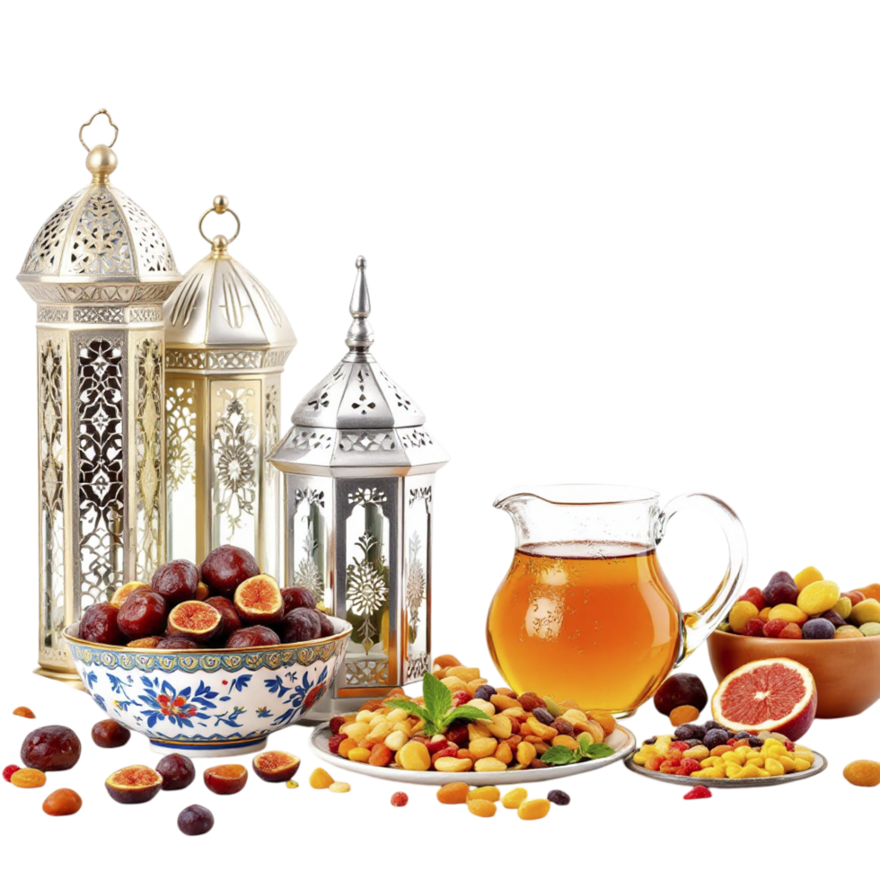 A variety of food items including figs, dates, and tea png
