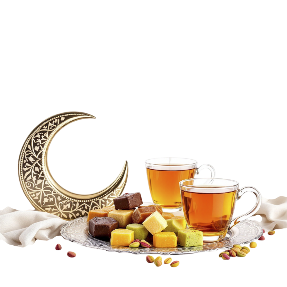 Two cups of tea and a crescent on a plate png