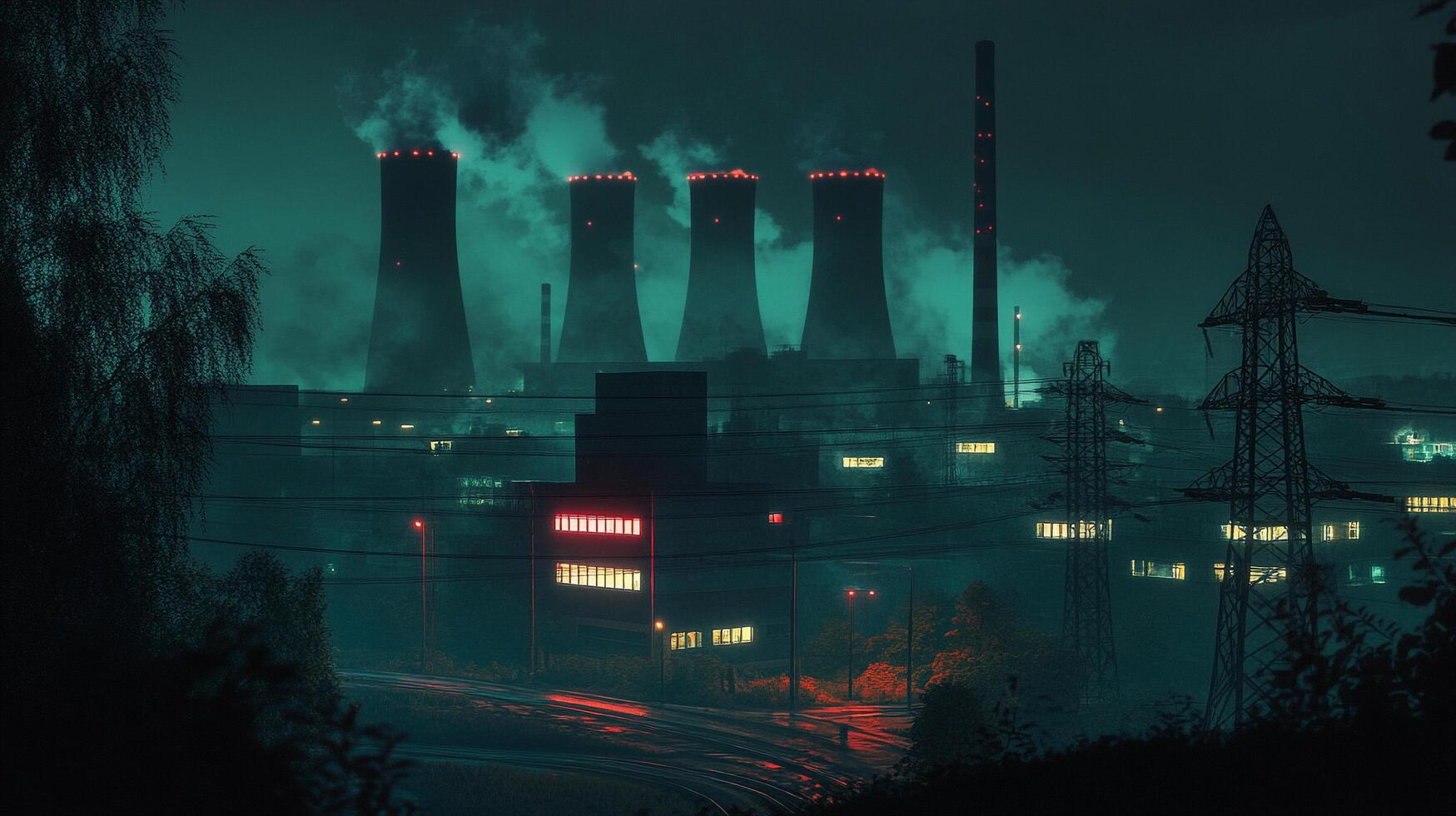 An industrial landscape shrouded in mystery, featuring cooling towers and power lines, conveying a sense of atmospheric intrigue and energy. photo