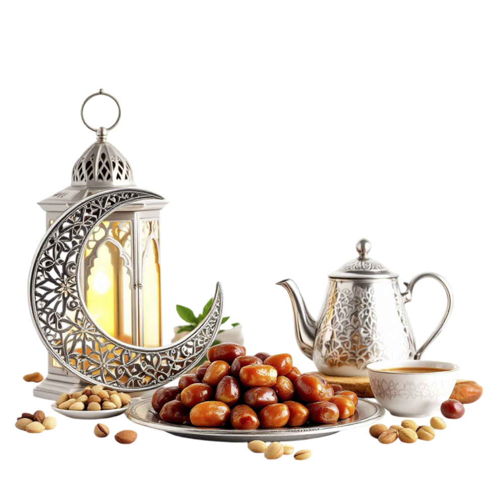 A silver crescent with dates, nuts and a tea pot png