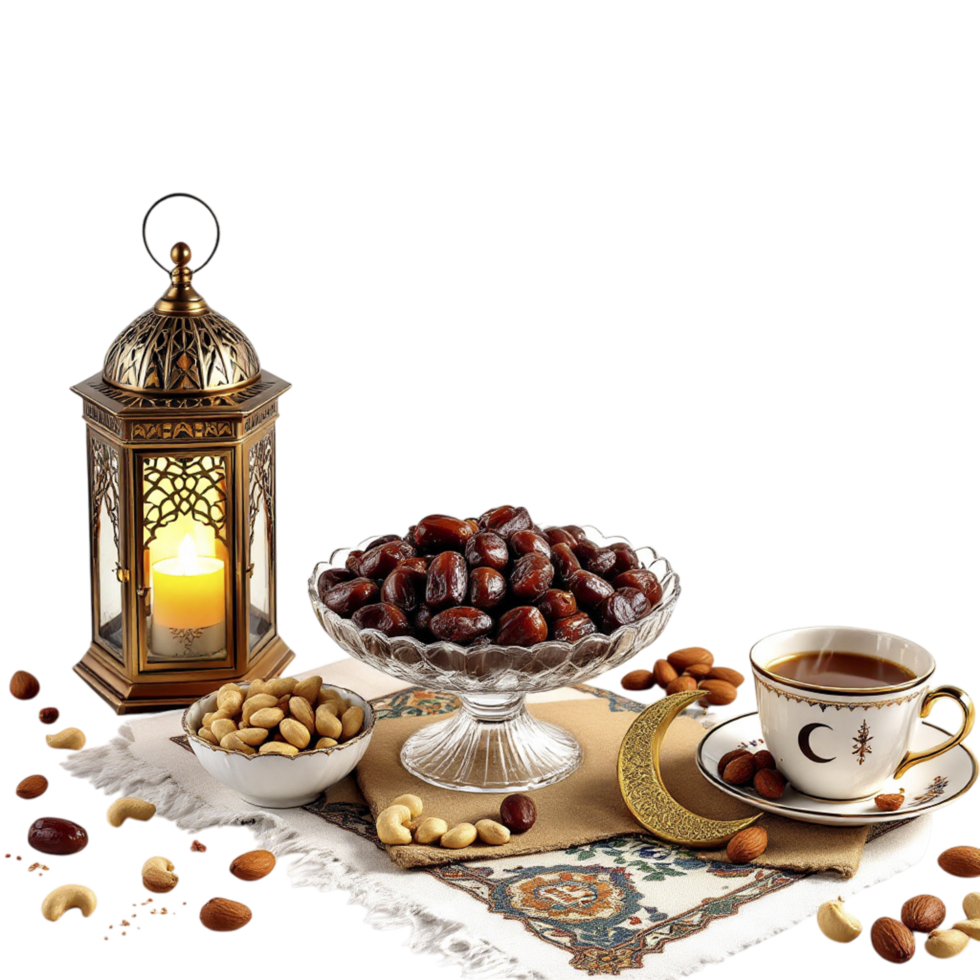 A table with dates, nuts and a cup of coffee png