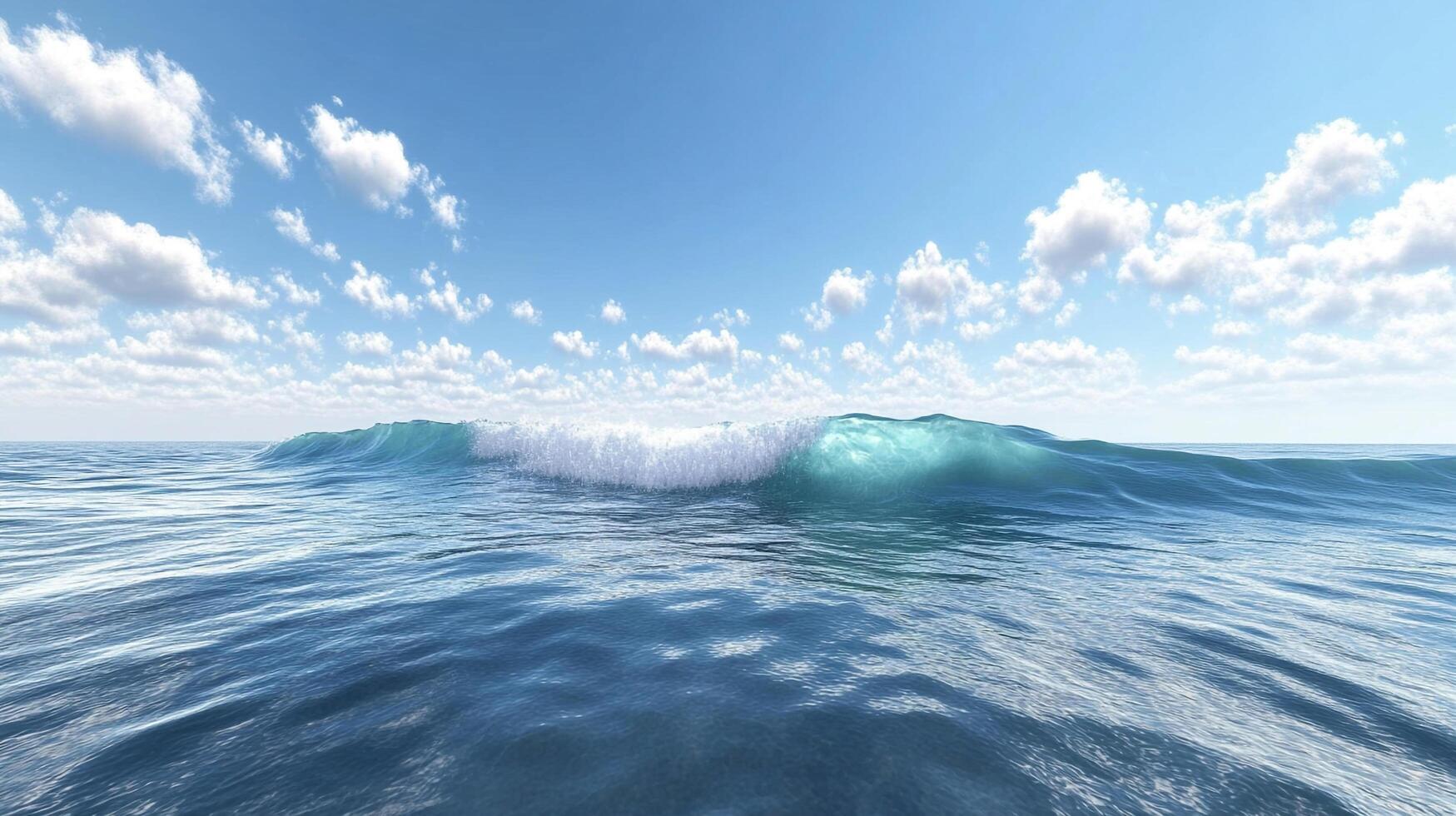 A majestic wave crests under a vibrant blue sky dotted with fluffy white clouds, embodying the ocean's power and beauty in serene weather. photo
