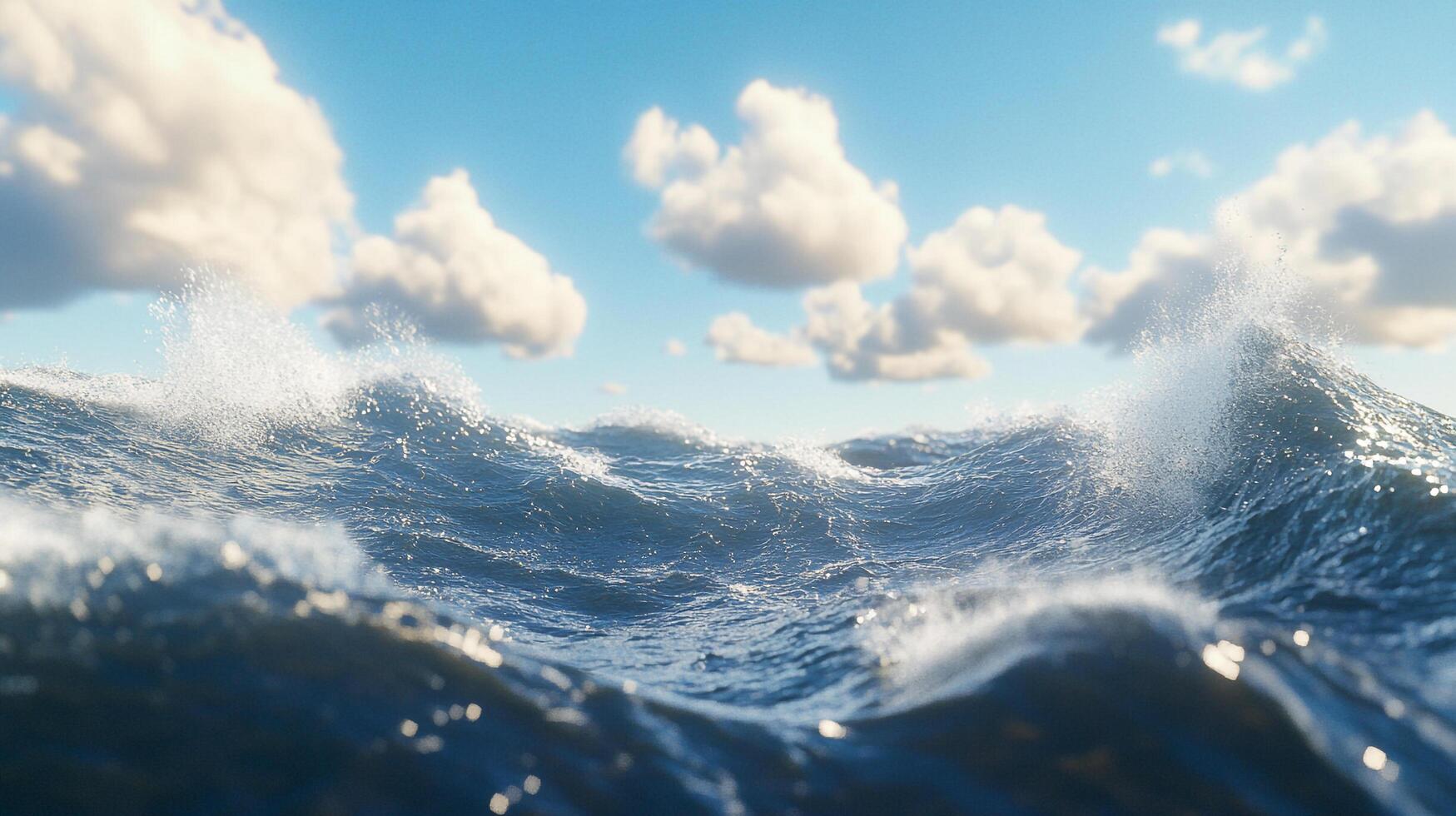 Ocean waves under a cloudy sky, water splashes creating a dynamic scene, blue and white colors dominate the seascape, beautiful weather. photo