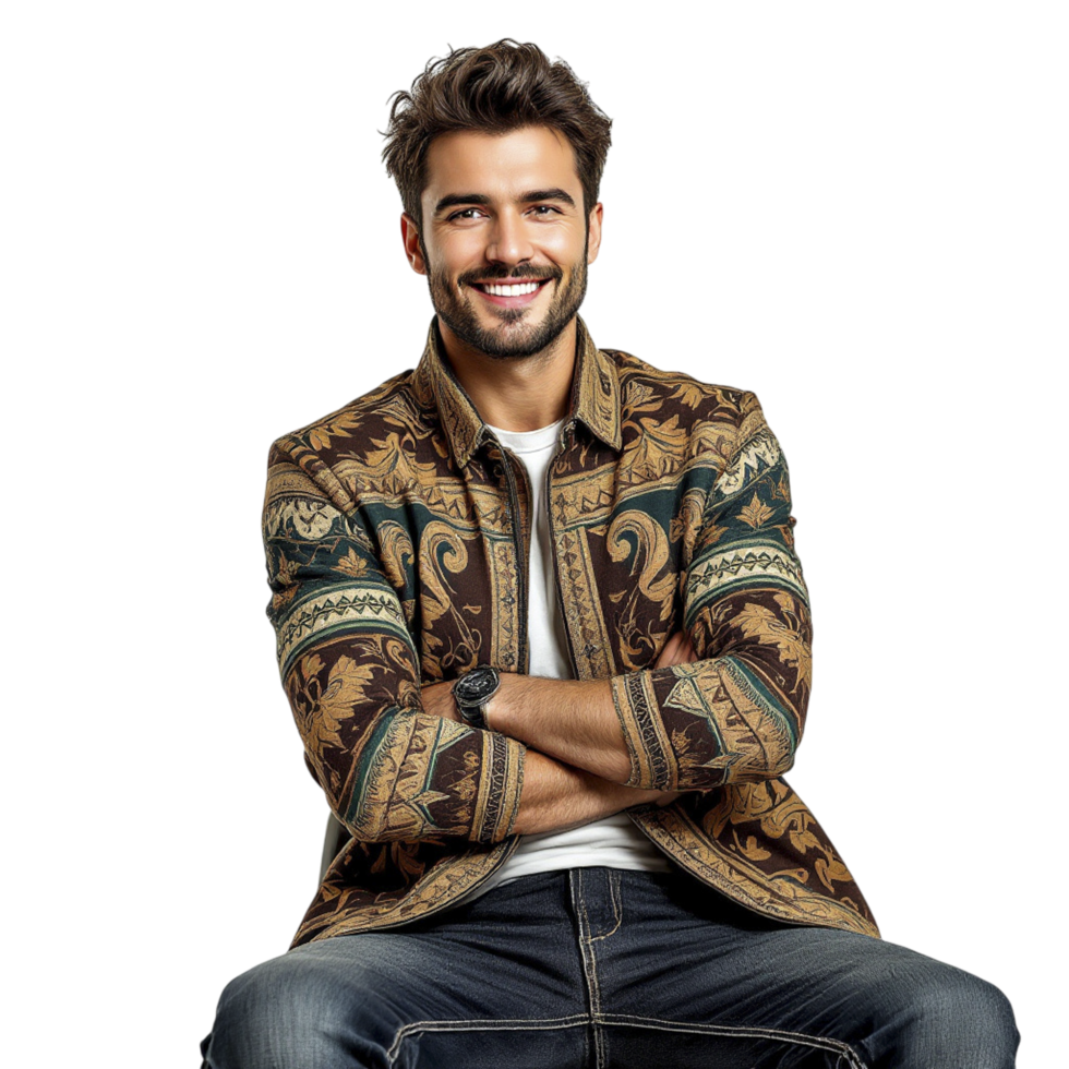 A man in a jacket sitting on a chair png