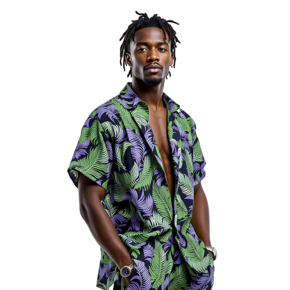 A man in a tropical print shirt and pants png