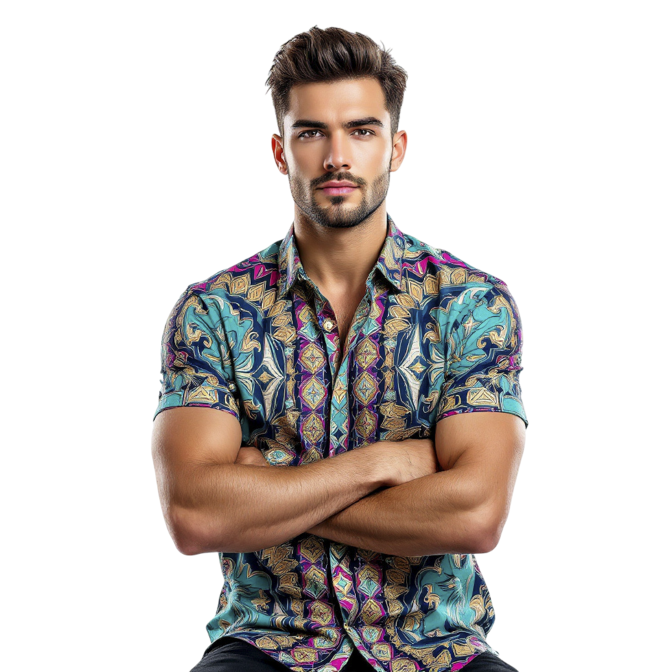 A man in a colorful shirt sitting on a chair png