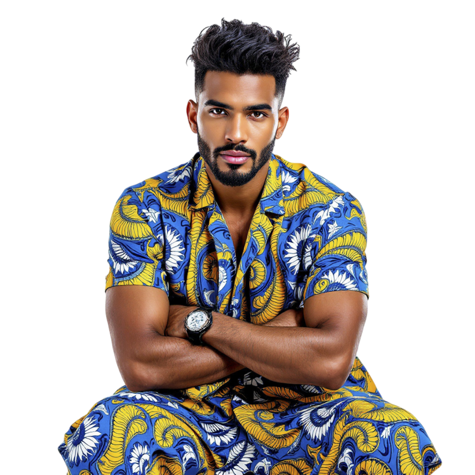A man in a colorful shirt sitting on the ground png