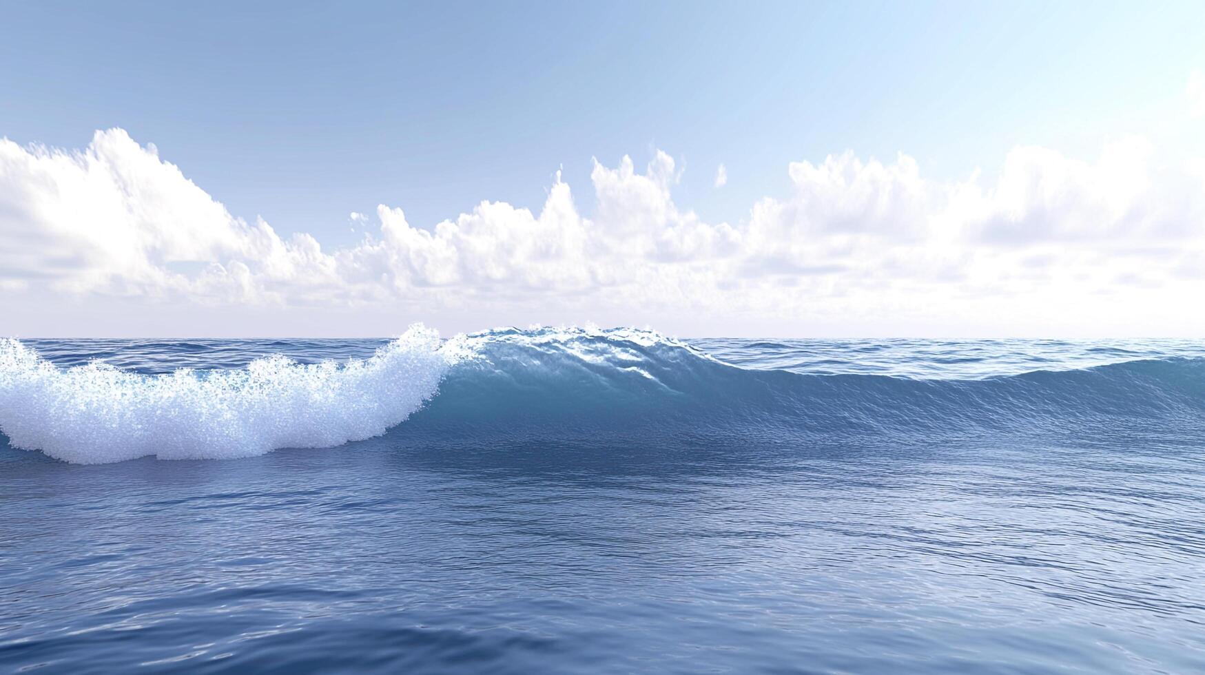 A mesmerizing ocean scene shows a dynamic wave with foaming crests under a serene sky filled with soft, white clouds. Water reflects light. photo