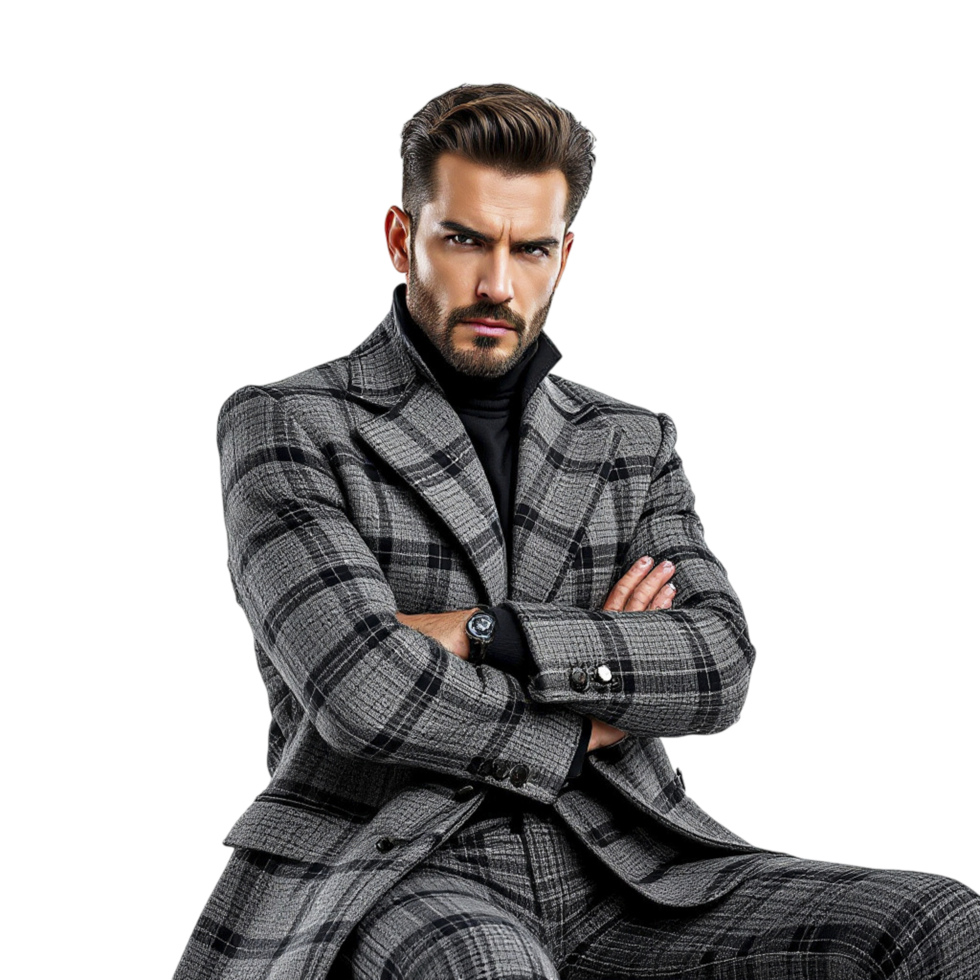 A man in a suit sitting on a chair png
