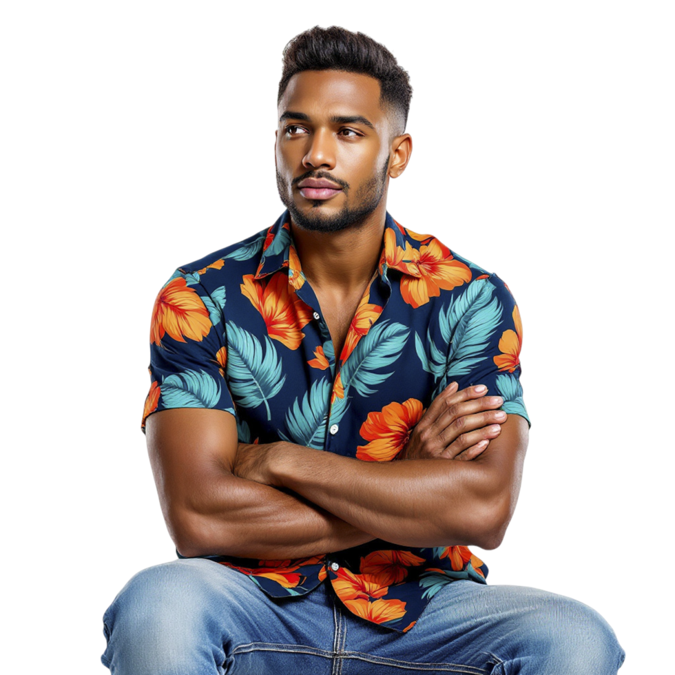 A man in a hawaiian shirt sitting on a chair png